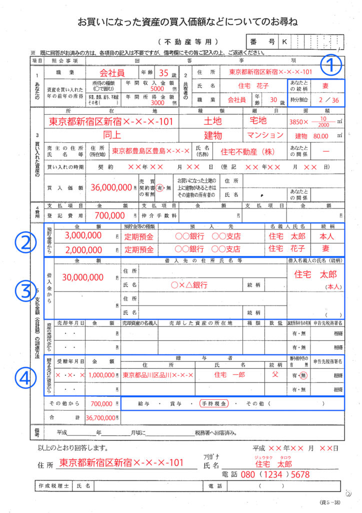 お買いになった資産の買入価額などについてのお尋ね